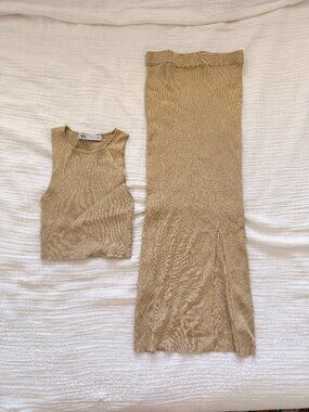 Zara Shimmer Gold Ribbed Knit 2-Piece Set - Cropped Top High Waisted Midi Skirt